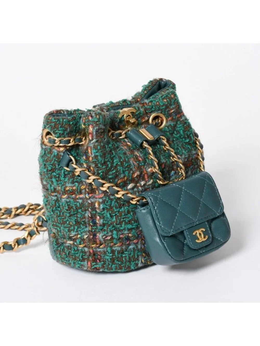 Chanel Small Backpack Base CC Logo Tweed Lambskin Green Gold